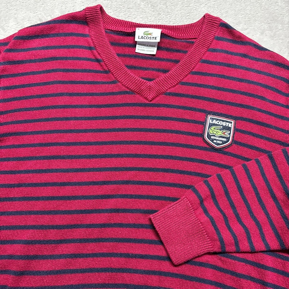 Lacoste V-Neck Sweater Men's Size 5 US M Long Sleeve Cotton‎ Striped Red Navy